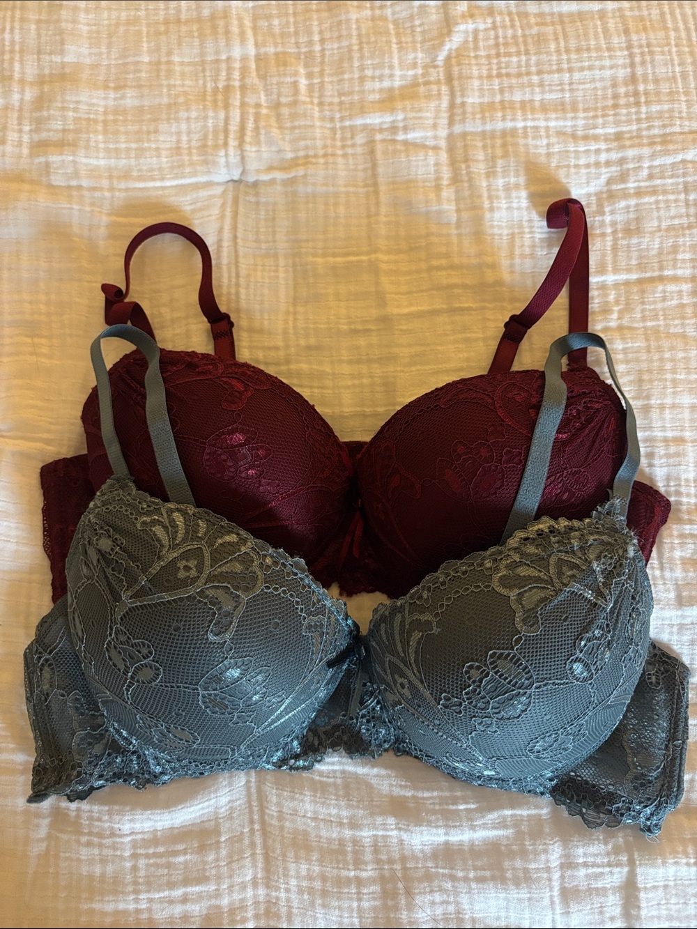 NWOT set of 2 Lace Push-Up Bra Duo - Burgundy and Gray